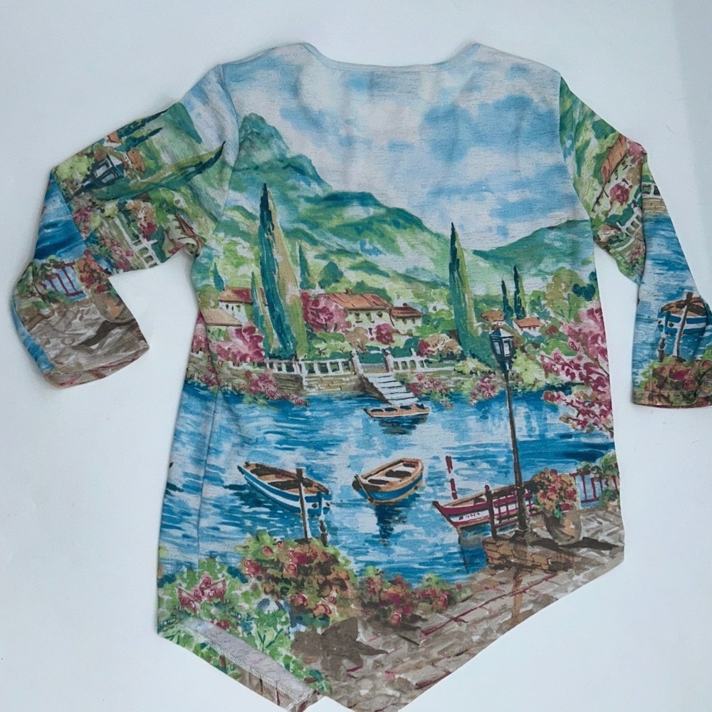 Alfred Dunner Scenic Harbor Print Knit Top 3/4 Sleeve Boat Scene Wearable Art - Picture 3 of 13